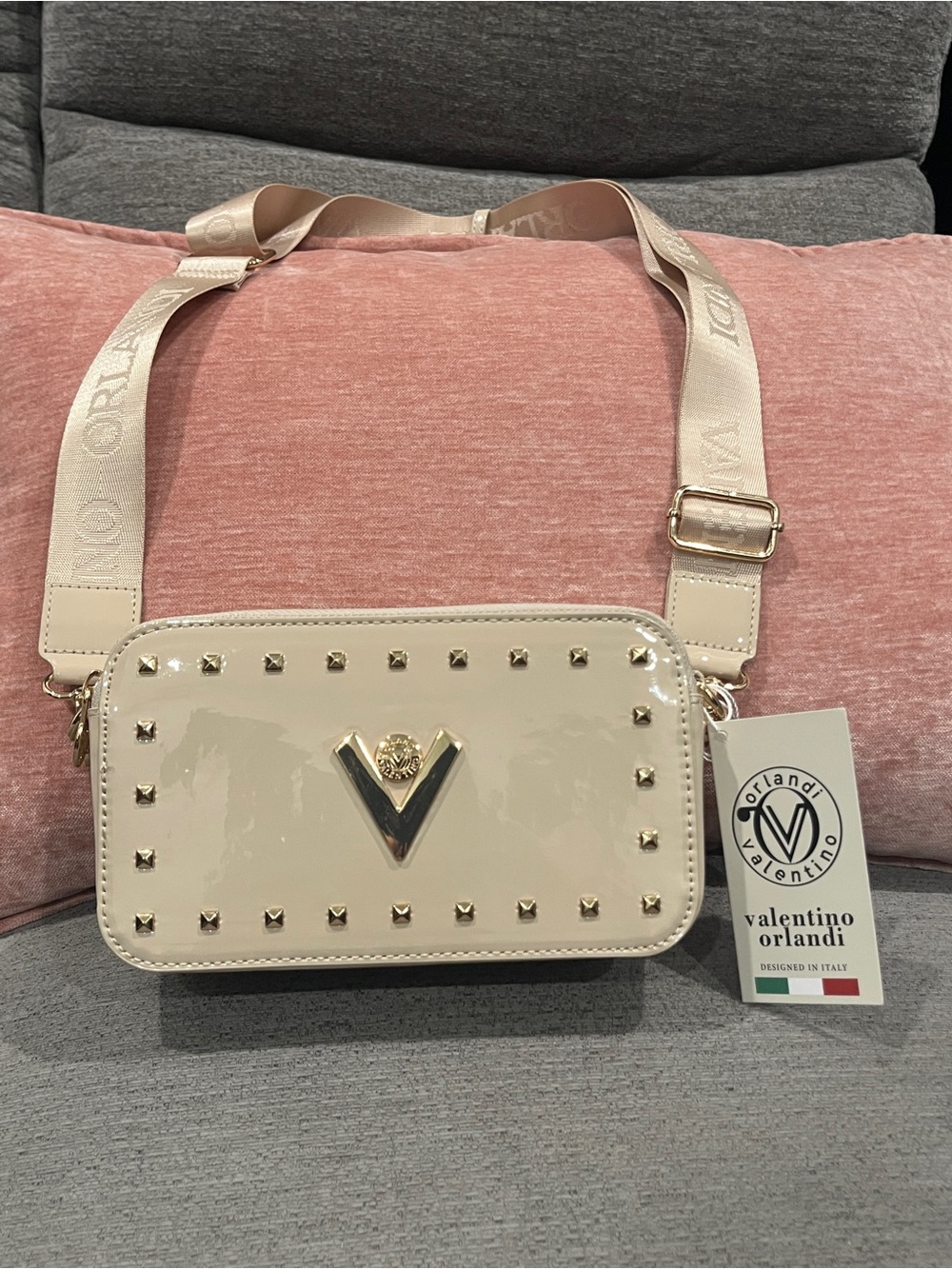 Valentino Orlandi Cream Patent Leather Crossbody with Gold Studs